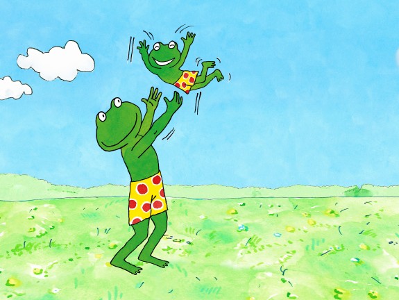 Comic Frosch Fred auf der Wiese in der Sonne